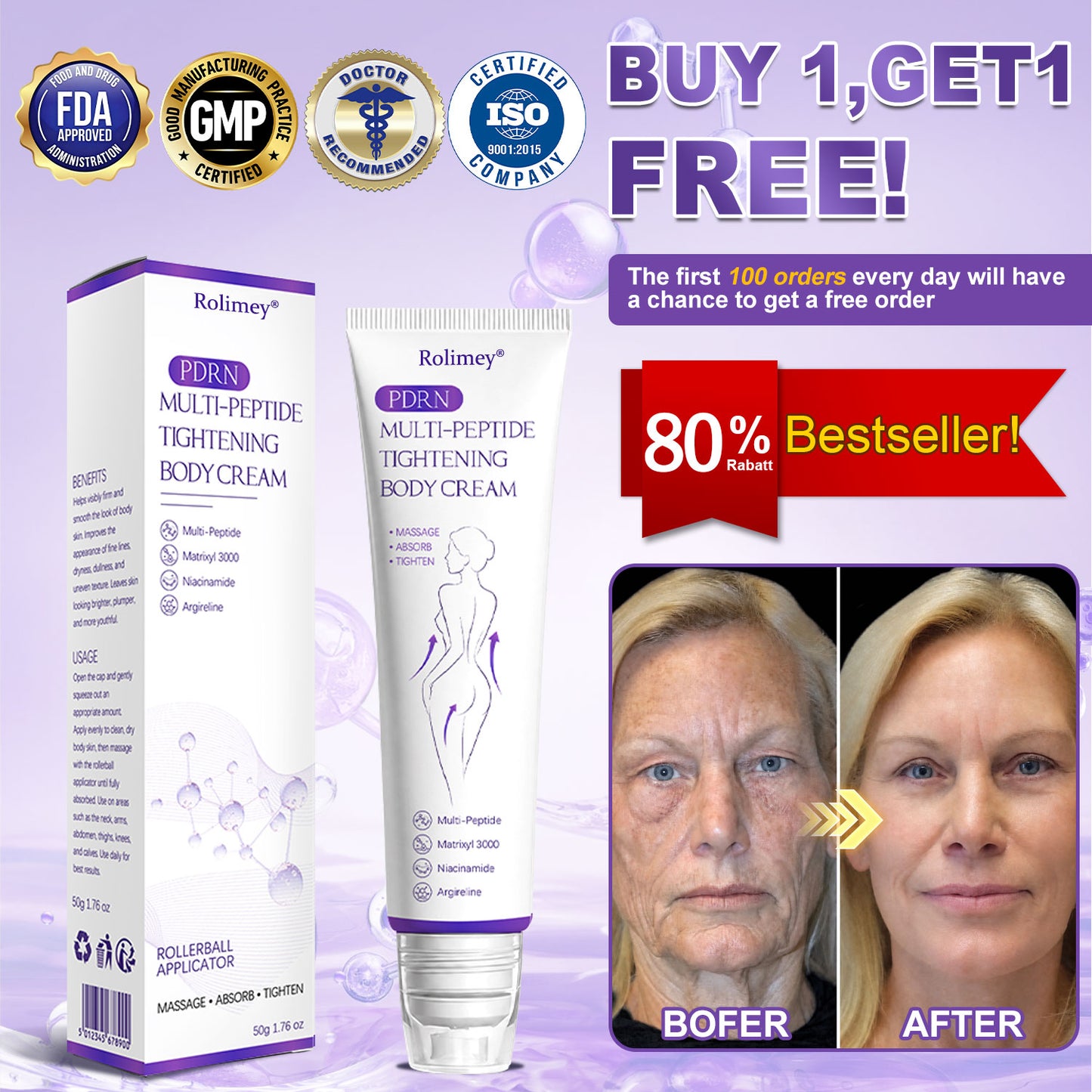 🎁Rolimey® PDRN Multi-Peptide Massaging Roller Cream - Anti-aging, Hydrating, Skin Firming & Lifting, Skin Repair, Even Tone, Acne and Dark Spot Treatment, Wart and Mole Removal, and Psoriasis Relief.