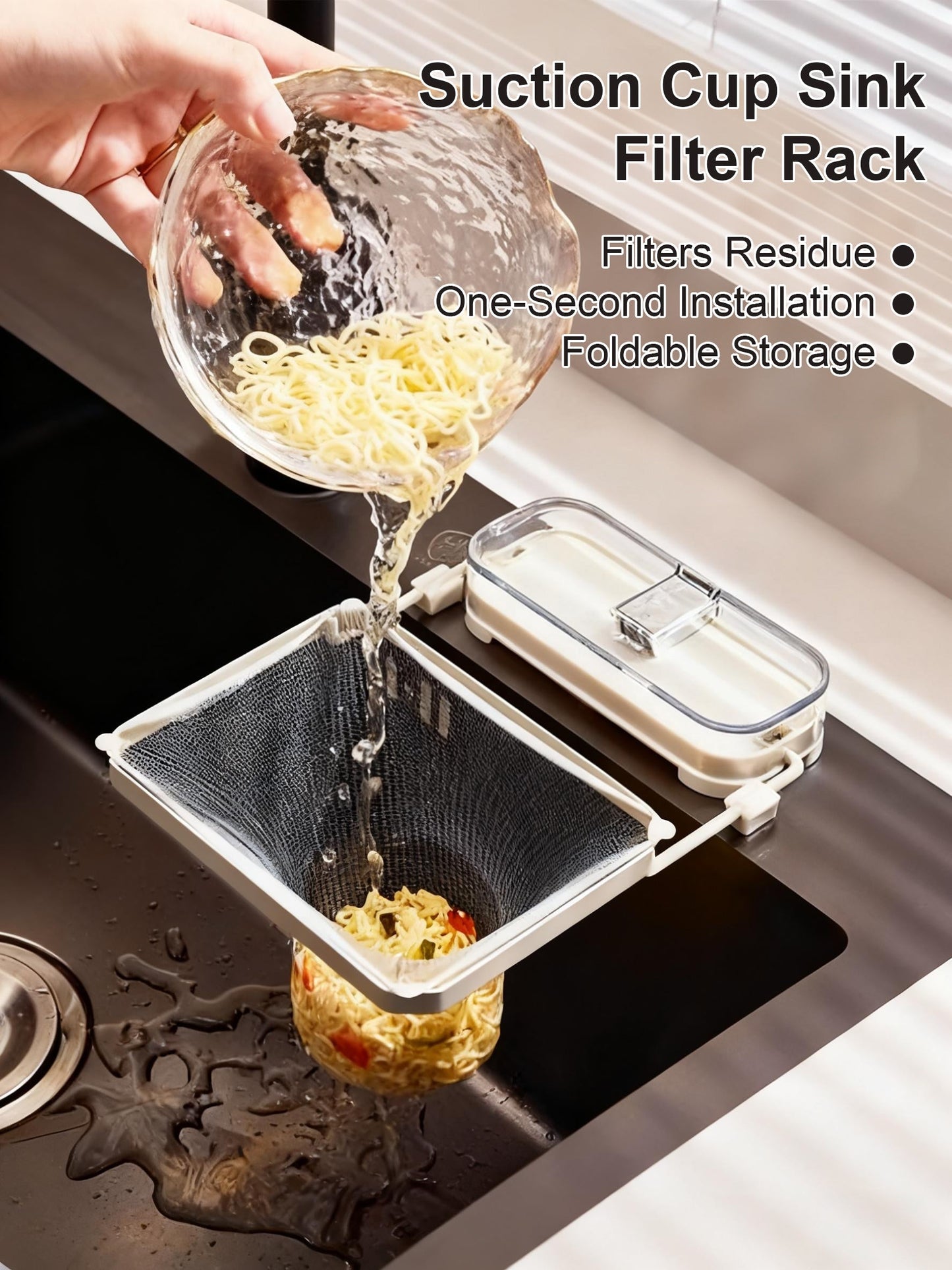 🔥Isilila®Suction Cup Sink Filter Rack – Easy Install, Foldable, Mess-Free Kitchen Helper! 50 Free Sink Strainer Nets Included ✨
