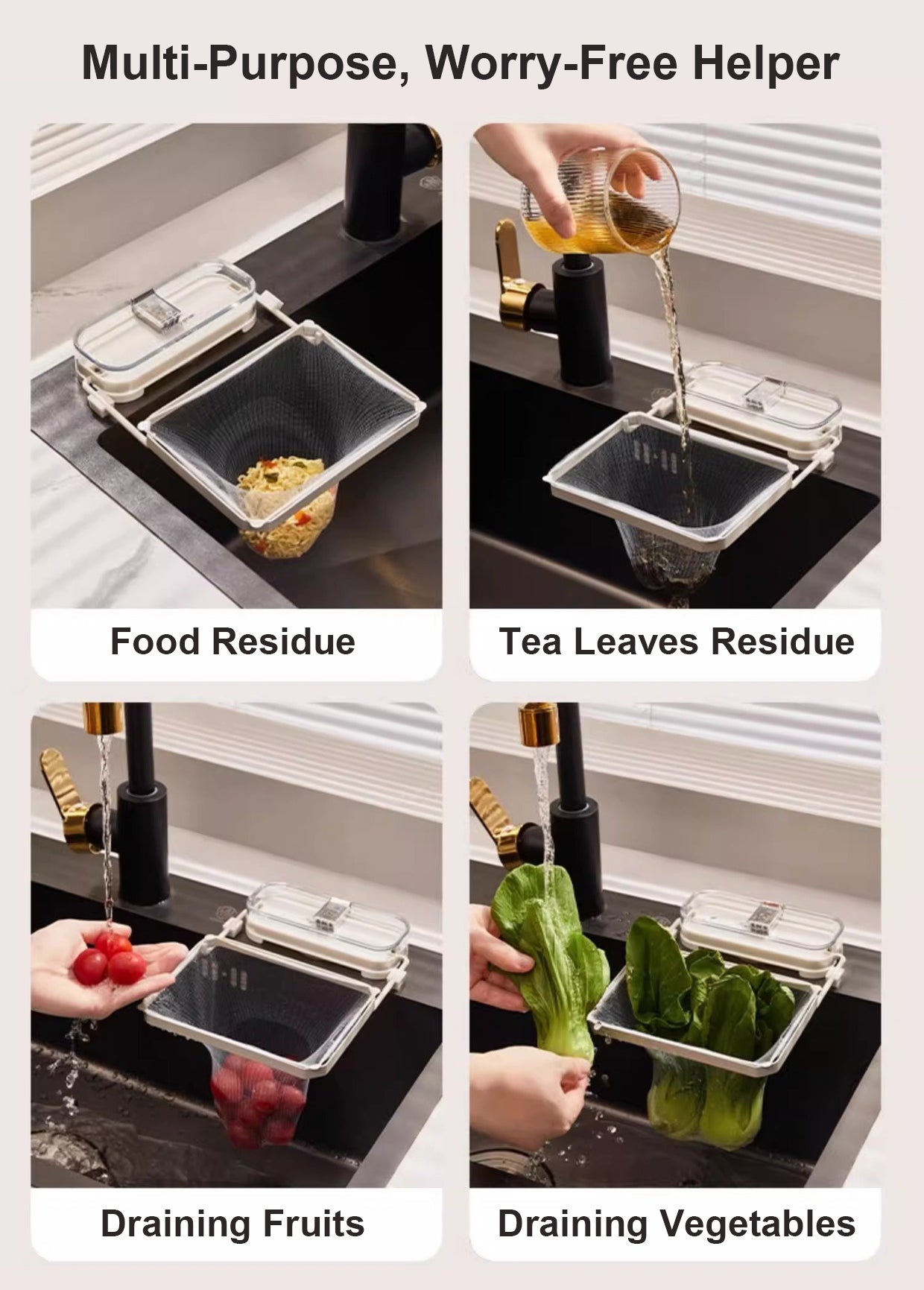 🔥Isilila®Suction Cup Sink Filter Rack – Easy Install, Foldable, Mess-Free Kitchen Helper! 50 Free Sink Strainer Nets Included ✨