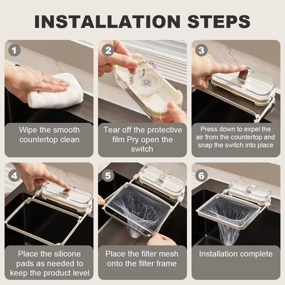 🔥Isilila®Suction Cup Sink Filter Rack – Easy Install, Foldable, Mess-Free Kitchen Helper! 50 Free Sink Strainer Nets Included ✨