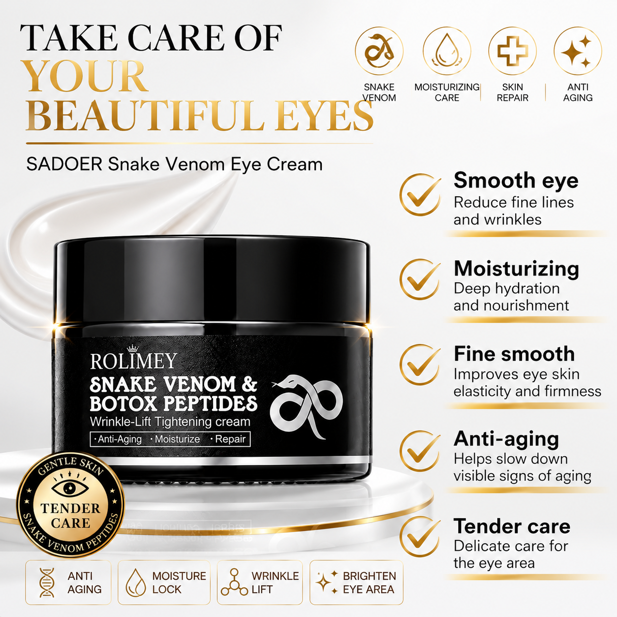 🎁💫 (Made in USA) - Rolimey® Snake Venom Peptide & Botox Wrinkle-Lift Tightening eye Cream with Collagen Peptides, 2026 New Tighten & Lift Cream for Face & Eye Area, for under-eye bags, fine lines around the eyes, dark circles, and sagging skin