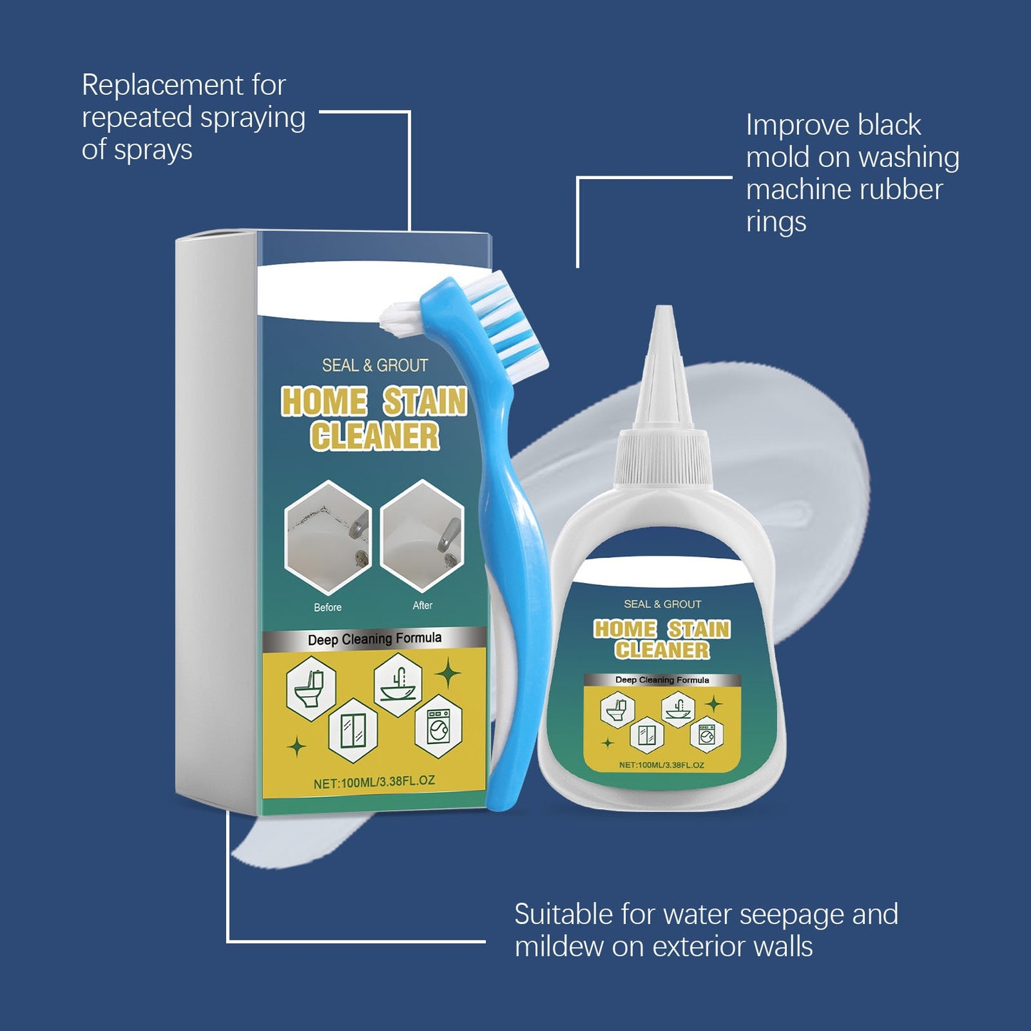 Isilila® Household Stain Remover Gel 🧴, Deep Cleaning Gel with Brush 🧽, perfect for tile grout 🏠, washing machine seals 🧺, refrigerator rubber ❄️, wall and shower stains 🚿